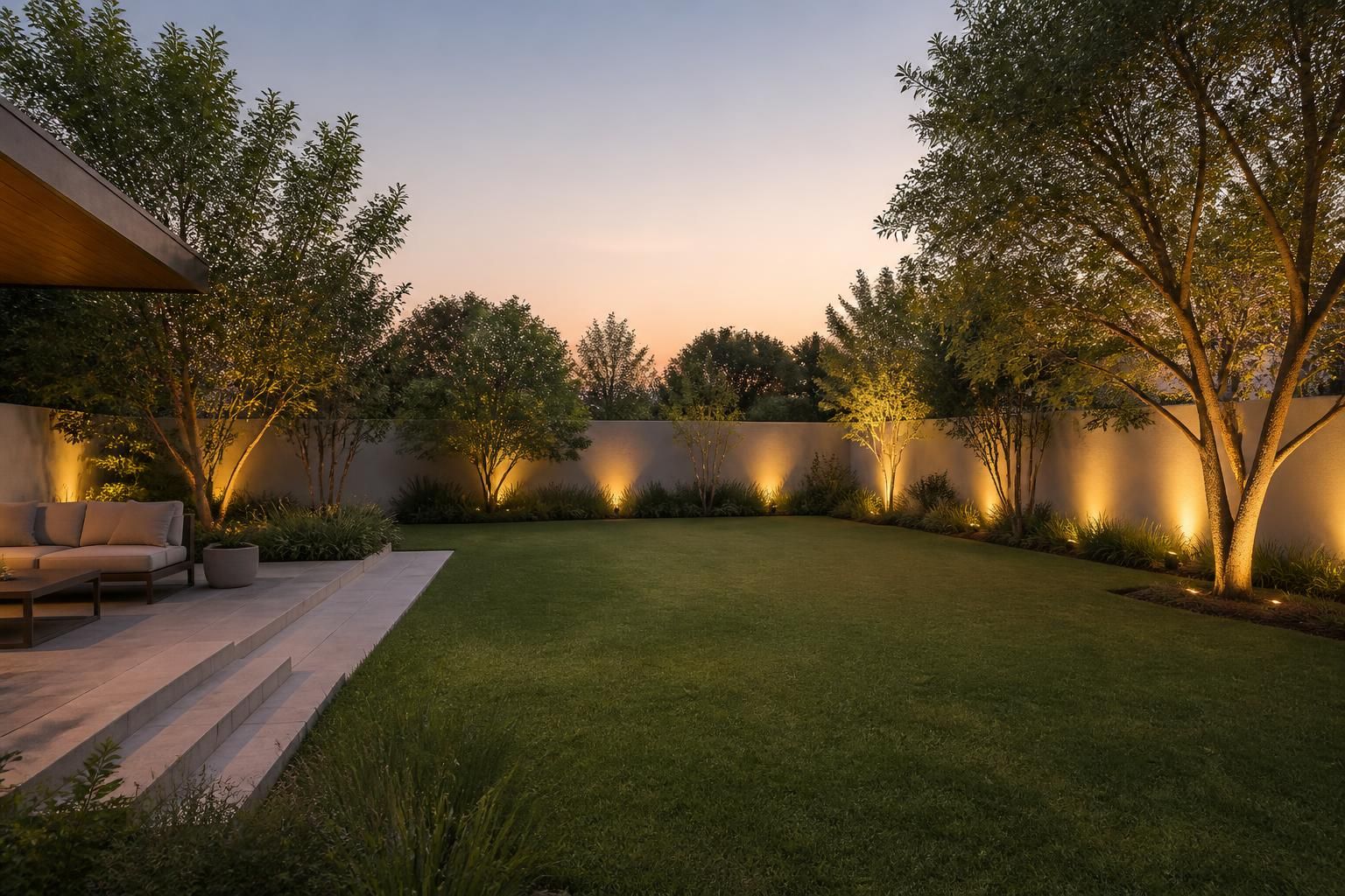 Backyard with subtle accent lighting and open space for text