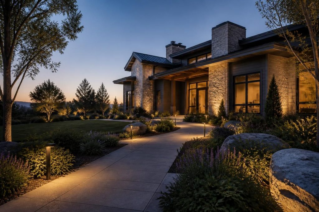 Modern home exterior with warm landscape lighting at dusk