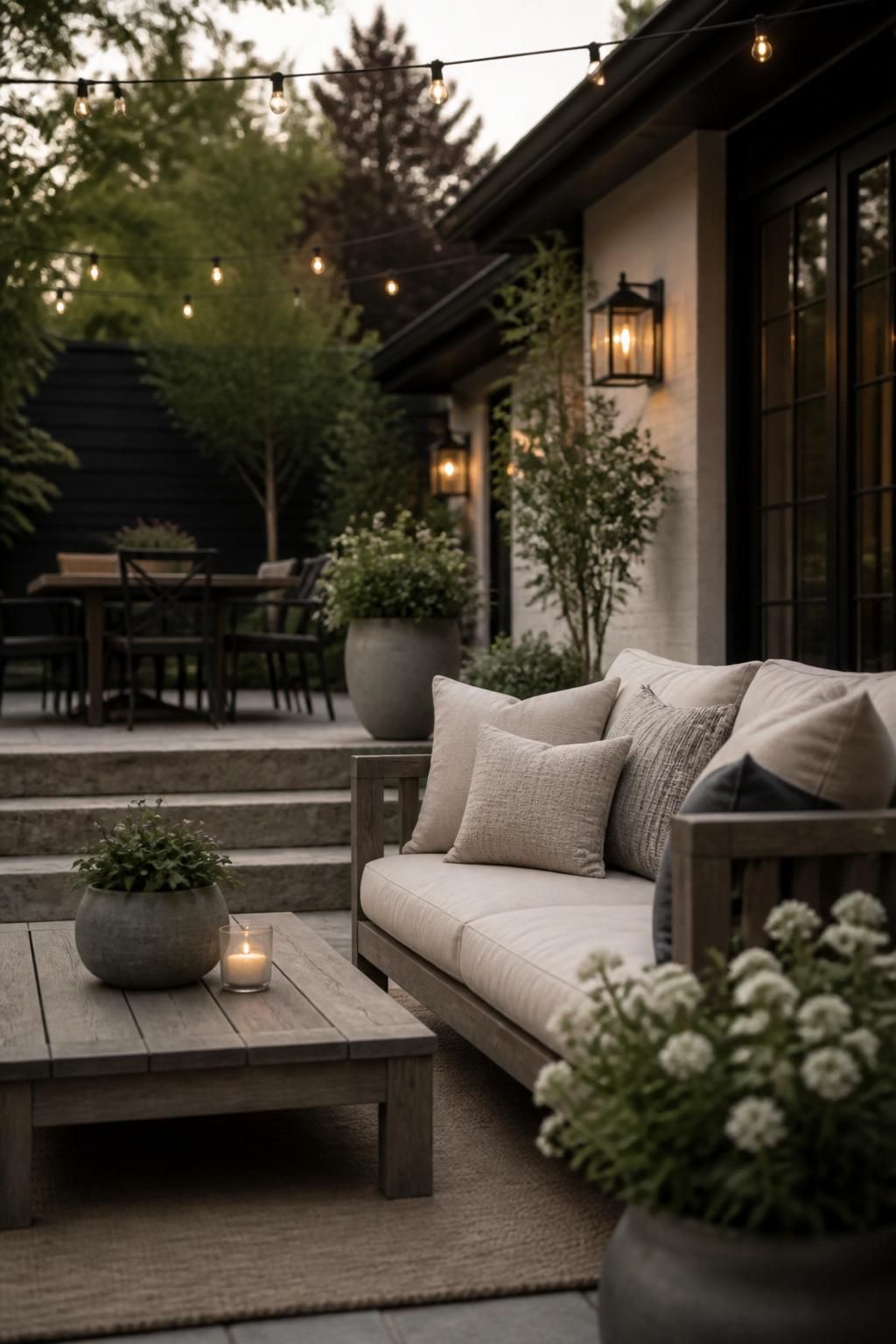 Softly lit patio with relaxed outdoor seating at night